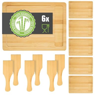 DuneDesign Set d'Assiettes à Raclette 6 Personnes - 30x22 Planche à Raclette en Bois avec Spatule - Dessous de Poêlon à Raclette en Bois - Accessoires pour Raclette - Planchette à Raclette en Bambou