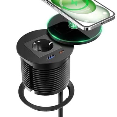 Multiprise Encastrable USB C PD 30W avec Chargeur sans Fil 15W, Prise Encastrable Plan de Travail USB C, Bloc Prise Escamotable pour Meubles, Cuisine, Bureau 2M Câble, Diamètre 80mm, Noir