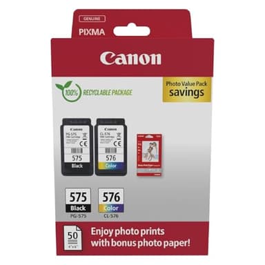 Canon PG-575 / CL-576 Lot de 2 Cartouches d'encre Authentiques (1 x Noir, 1 x Couleur) Comprend 50 Feuilles de Papier Photo 4 x 6 – Carton Multipack