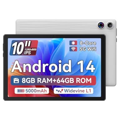 Tablette Android 14, Tablette 10 Pouce Processeur Octa-Core, 8GB+64GB(TF 1TB), 1280 x 800 HD IPS Tablette Wi-FI 6 Model/Widevine L1/5000mAh/Double Caméra/Identification Faciale Tablette PC - Blanc