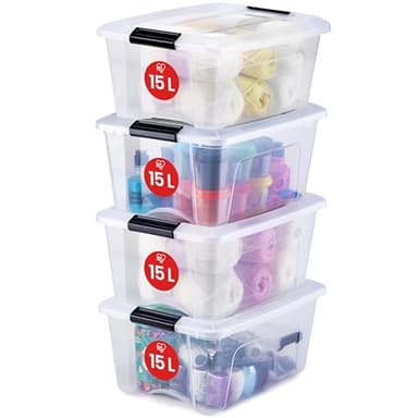 Iris Ohyama, Boite Rangement Plastique avec Couvercle, 15L, Lot de 4, Transparent, Clips de Fermeture, Empilable, Organisation, Bureau, Sans BPA, Caisse Rangement Plastique, Bac, NTB-15