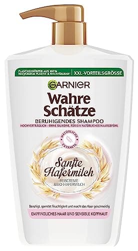 Garnier Wahre Schätze Shampooing apaisant au lait d'avoine doux XXL, apaisant et hydratant, pour cheveux sensibles et cuir chevelu sensible, format maxi 1000 ml