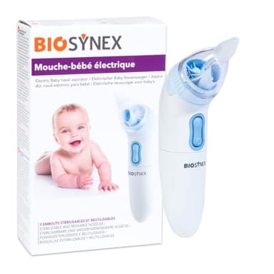 BIOSYNEX - Mouche Bébé Électrique - Aspirateur Nasal - Débouche le Nez - 3 Tailles d'Embouts Réutilisables - Doux et Hygiénique - Nouveau-nés, Bébés et Enfants