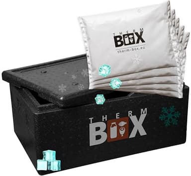 THERM BOX Boîte professionnelle en polystyrène GN avec 5 blocs réfrigérants pour glacière 40 l Intérieur : 54 x 34 x 21,5 cm Boîte de transport réutilisable