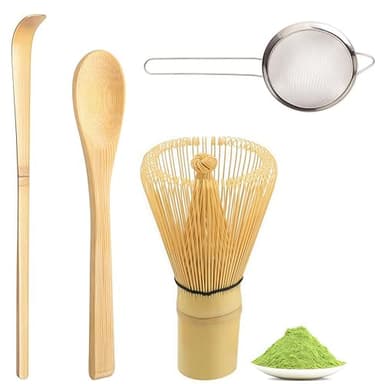 4 Pcs Kit The Matcha Kit Complet Fouet Matcha Cuillere Traditionnelle & Tamis à Matchas Bambou & Support de Fouet, pour Cérémonie Du Thé Matchas, Cadeaux pour Débutants et Passionnés