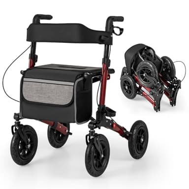 COSTWAY Déambulateur Pliable Tout-Terrain à 4 Roues avec Siège, Rollator avec Pneus de 23 cm Hauteur Réglable Dossier Ergonomique et Cadre en Aluminium Léger (62 x 82 x 81,5-97 cm,Rouge)