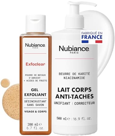 NUBIANCE - Pack Duo Visage & Corps - Lait Corps Anti-Taches & Hyperpigmentation + Exfoclear® Gel Exfoliant Abricot - Soin Peaux Sèches, Mixtes, Grasses - Hydratation, Souplesse, Teint Uniforme