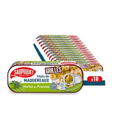 SAUPIQUET - Filets de Maquereaux Grillés aux Herbes de Provence - Riches en Oméga 3 - Issus d'une Pêche Traçabilité Garantie - 10 Conserves (120 g)