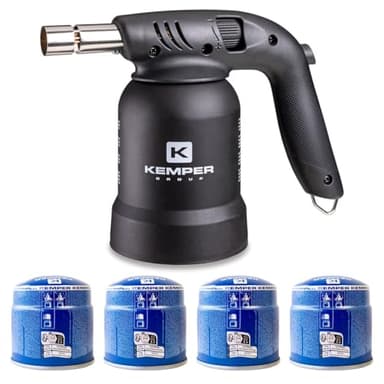 KEMPER - Lampe à Souder Gaz Black Edition 360° Anti-Retour de Flamme – Allumage Piezo – Buse Inox – Chalumeau Portable Dégrippage Soudage Crème Brûlée + 4 Cartouches