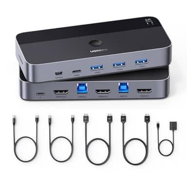 UGREEN Switch HDMI KVM 4K 60Hz 2 Entrées 1 Sortie avec 3 Ports USBA 3.0 1 Port USBC3.0 5Gbps pour Clavier Souris Disque Dur Commutateur KVM Switch USB avec Contrôleur de Bureau et 2 Câbles HDMI 1M