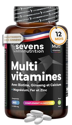 Multivitamines et Minéraux - 365 Comprimés (1 An) - 24 Nutriments Essentiels - Vitamines A B C D E K + Magnésium, Biotine, Zinc & Ginseng - Immunité & Énergie - Multivitamines Homme et Femme - Sevens