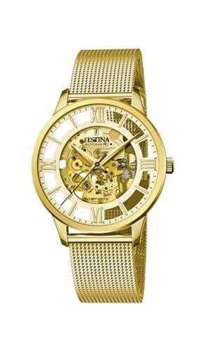 Festina Montre Homme Automatique en Acier Inoxydable 316L Doré Montre Analogique Homme - Verre Saphir Haute Résistance - Étanche 5 ATM F20667/1