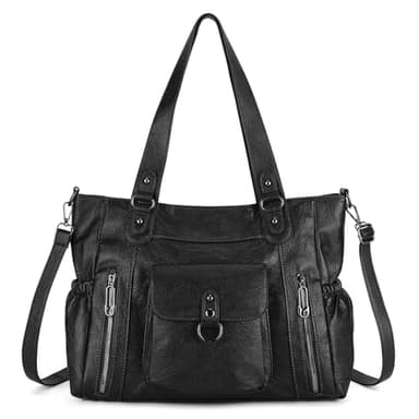 BAIGIO Grand Sac a Main Femme Cuir PU Vintage, Cabas Femme avec Multipoches, Sac Bandoulière Fourre Tout Femmes, Sacs Portés Épaule Tendance pour Cours Lycee, Shopping, Travail, Voyage, Noir