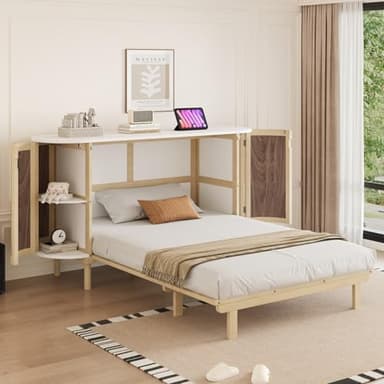 PUGSDRLY Lit Escamotable 140x200cm,Lit Mural Pliant 2 Personnes avec Rangement,Sommier à Lattes,Design Rotin,pour Adulte Adolescent,sans Matelas (Couleur Bois)
