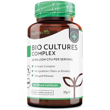 Probiotique Bio-Cultures Complex - Ferment Lactique Végan Probiotiques - Probiotique Flore Intestinale - 15 Souches dont Lactobacillus - 40 Milliards UFC/Jour - Lactobacillus Gasseri - Nutravita