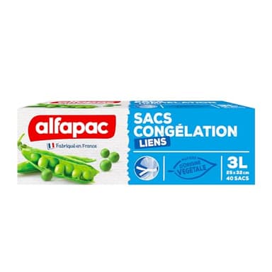 alfapac - 40 sacs congélation lien 3L - matière d'origine végétale - fabriqué en France