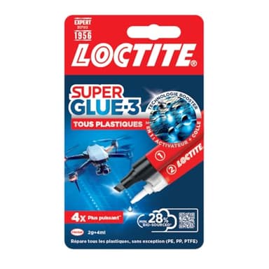 Loctite Super Glue-3 Tous Plastiques (tube de 2 g + stylo activateur de 4 ml) – Colle forte transparente pour tous plastiques – Colle transparente à séchage immédiat