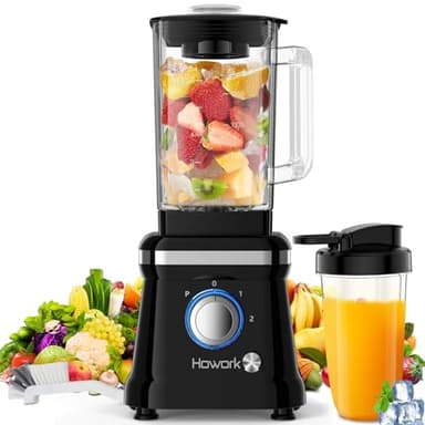 Howork Blender Mixeur 1200W Blender Smoothie 1.6L Mixeur Blender, 2 Vitesses + Fonction D'impulsion, 6 Lames en Acier Inoxydable Avec Tasse Portable 400ml et Brosse (Noir)