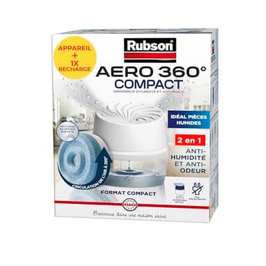 Rubson AERO 360° Absorbeur d'humidité Compact (1 appareil + 1 recharge de 450 g) – Déshumidificateur d'air anti-odeur – Absorbeur anti-humidité & condensation