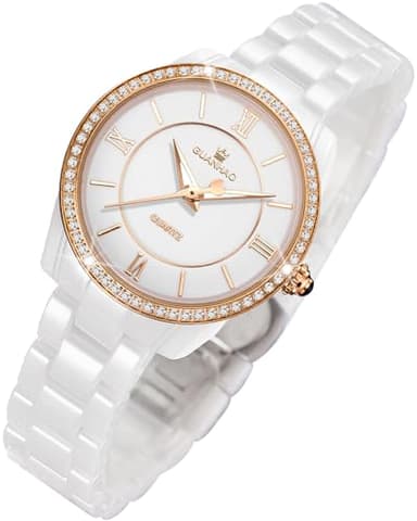 GUANHAO Montre en céramique pour femme - Montre élégante - Avec strass - Étanche - Calendrier - Verre minéral, B-Or blanc, Tendance et décontracté