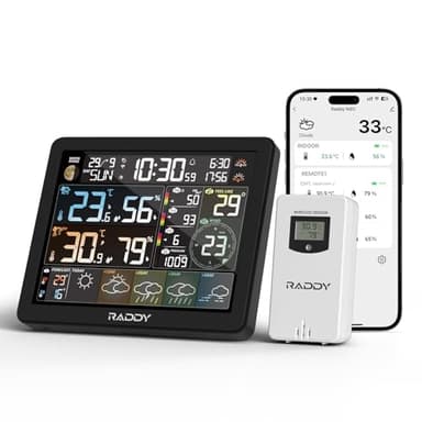 Raddy N80 Station Météo Wi-Fi Intelligente avec APP, Station Météo sans fil avec capteur extérieur, Grand écran couleur 8'', heures de lever/coucher du soleil, PM2,5/AQI, indice UV, 4 réveils