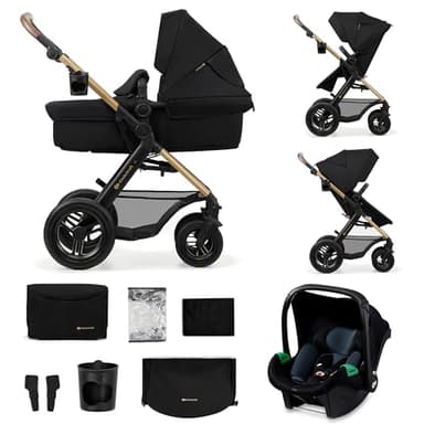 Kinderkraft MOOV2 AIR Poussette 3 en 1, Système de voyage de la naissance à 22 kg, Siège auto Mink PRO I-Size inclus, Capote extensible avec filtre UPF50+, Roues gonflables, Noir