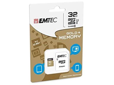 EMTEC ECMSDM32GHC10GP - Carte microSD - Classe 10 - Gamme Elite Gold - UHS-I U1 - Avec adaptateur Performance - Vitesse de lecture jusqu'à 85MB/s -Noir/Or - 32 Gb