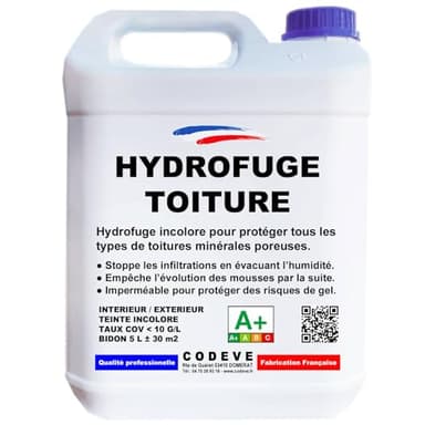 Hydrofuge Toiture - Codeve Bois - 5L - Intérieur/extérieur - Pour Toiture En Tuile, Ardoise, Terre Cuite, Béton, Fibrociment, Lauze.