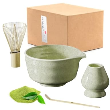 LIIGOU 4 Pièces Matcha Ceremonie Kit Style Japonais Matcha Set Comprend Bambou Fouet Matcha, Cuillere Matcha, Céramique Bol Matcha Coffret Matcha pour La Cérémonie du Thé (Vert)