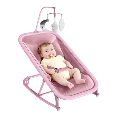 Garvee Transat Bébé Avec Balancement Ou Position Fixe Cadre En Aluminium Housse Amovible Dossier Réglable 3 Positions Avec Barre De Jeux Dimensions 75 x 66 x 43 cm (Rose)