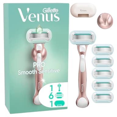 Gillette Venus Rasoir Pour Femmes Smooth Sensitive Concu Pour Les Peaux Sensibles, Manche Réutilisable, 6 Recharges A 3 Lames, Bande Lubrifiante, Accessoires Protection De Voyage - Support De Douche