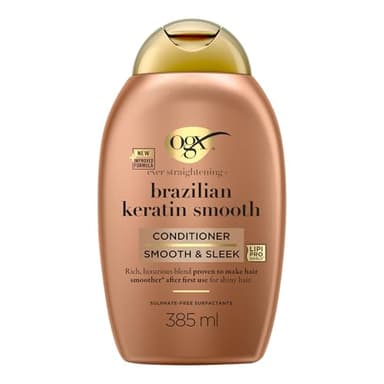 OGX - Après-Shampooing Kératine Lissage Brésilien (flacon de 385 ml) – Soin capillaire lissant à la kératine pour des cheveux brillants – Après-shampoing sans sulfate et sans parabène