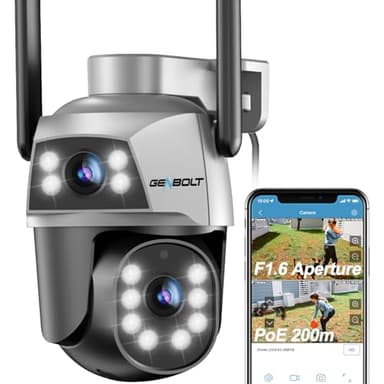 GENBOLT PTZ Caméra Surveillance Extérieur avec PoE, 2.4&5Ghz WiFi Caméra IP CCTV Extérieur Double Objectif & Double Vue avec Couleur Nocturne, Suivi Auto, Détection Humaine, Panoramique et Inclinaison