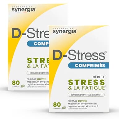 D-STRESS COMPRIMÉS Lot de 2 + 1 Produit Synergia Offert | Magnésium de 3ème Génération + Taurine + Arginine + Vitamines B | Gère le Stress du Quotidien et Réduit la Fatigue | LABORATOIRE SYNERGIA