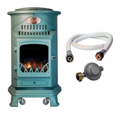 UNIVERSAL - Poêle à gaz Provence 3,4 KW Vert MAT Effet poêle à bois Fonte véritable Chauffage d'appoint + Tuyau gaz et détendeur