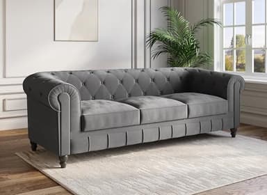 DecoInParis Canapé Fixe 3 Places Velours Gris Chesterfield