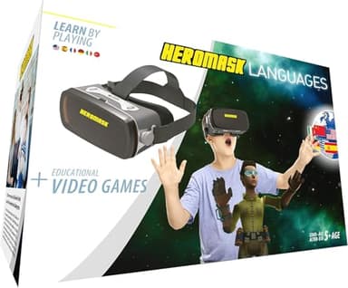 HeroMask Casque VR + Jeux Langues (Cadeau 5-12 Ans) — Transforme « Je suis Nul » en « J'adore Les Langues ! » : Écoute et Répète Premiers Mots Anglais, Espagnol, Chinois et Plus | Réalité Virtuelle