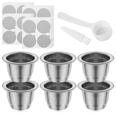 Lot de 6 capsules à café réutilisables en acier inoxydable - 37 x 24 mm - Facile à utiliser avec brosse - Filtre de rechange rechargeable avec cuillère - Capsules à expresso pour Nes.presso Essen.za