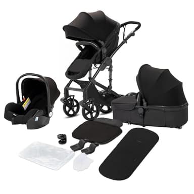 Magic ZC Poussette 3 en 1, Pousette Trio avec Conception Portable Pliable en Un Clic, Poussette Combinée avec Réversible Bidirectionnelle, Pousette Bebe avec Accessoires (588 Black)