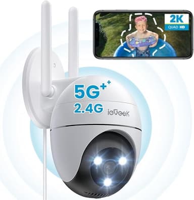 ieGeek 2K Camera Surveillance WiFi Exterieure, 360° Camera IP Compatible avec 2.4Ghz/5Ghz, Vision Nocturne Couleur, Détection Humaine, Audio Bidirectionnel, Pan 355°/Tilt 120°, Stockage Cloud