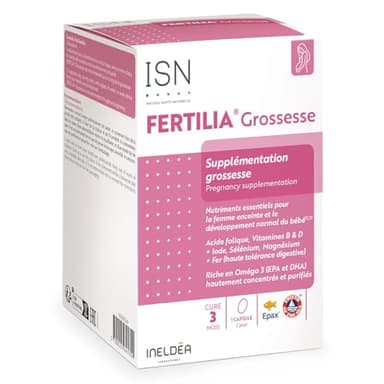 ISN - Fertilia® Grossesse - Complément alimentaire à base de nutriments essentiels pour le bien-être de la femme enceinte & le développement de bébé - Riche en Omega 3 - Cure 3 mois