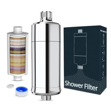 Filtre de Douche à 32 Étages avec Vitamine C, MEKO Filtre Anticalcaire pour Eau Dure, Filtre de Purification Multi-étapes pour Éliminer le Calcaire, le Chlore Résiduel et Protéger la Peau (Argento)