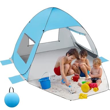 Kezidhp Tente de Plage Pop Up Auto-déployante, Protection Solaire UV UPF 50+ et Anti-Vent, Abri Anti-UV pour 2-3 Personnes, avec Sac de Transport et Piquets - Bleu