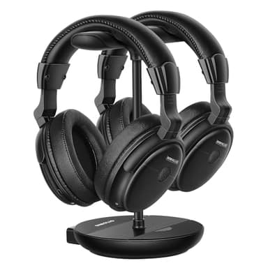 SIMOLIO Double Casque TV sans fil pour Television, Dialogue Clair & Volume Amélioré & Confortable pour Séniors, avec émetteur/Support de Charge, Batterie de Rechange, By-pass, Pas de Latence, SM-829D2