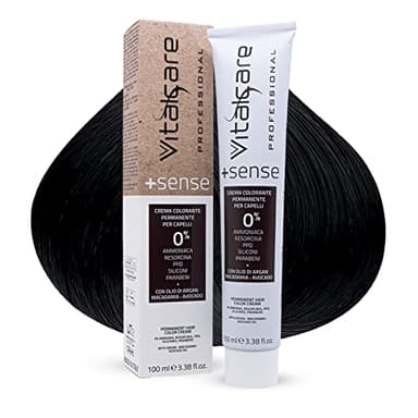 Vitalcare | +Sense - Coloration Permanent Professionnel, Crème Colorant Cheveux Sans Amabonique, Resorcine, PPD, Silicones, Parabeni - Avec Huile d'Argan, Macadamia et Avocado, 1/00 Noir, 100 ml