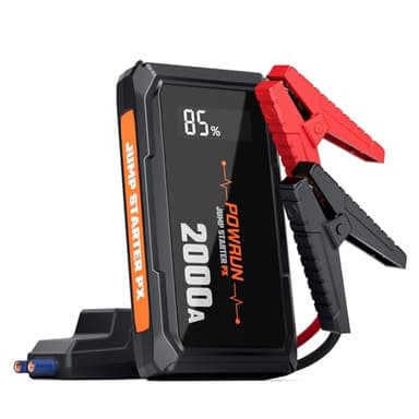 Powrun PX Booster Batterie Voiture 2000A,Démarreur de Voiture(Jusqu'à 6.0L Essence ou 5.0L Gazole),12V Jump Starter avec Pinces de Sûreté Intelligentes,Lampe de Poche LED, étui de Transport.
