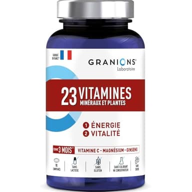 GRANIONS 23 VITAMINES - Multivitamines Magnesium, Vitamine D, Vitamine C, Zinc, Chrome, Ginseng, Selenium, Iode - Energie & Vitalité - Anti Fatigue - 90 Comprimés Format 3 MOIS - Fabriqué en France