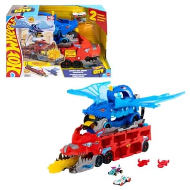 Hot Wheels Transporteur 2 en 1 Dragons City avec 2 transporteurs Dragons et 2 Voitures Miniatures, Un Grand Dragon et Un Dragon Amovible, Peut contenir Plus de 20 véhicules, JKJ79