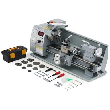 CREWORKS 750W Mini Tour à Métaux d'Établie 210x400mm 8"x16" Haute Précision avec Mandrin à 3 Mâchoires et Vitesse de Broche Max. 2500rpm Écran LCD pour Filetage Tournage Perçage
