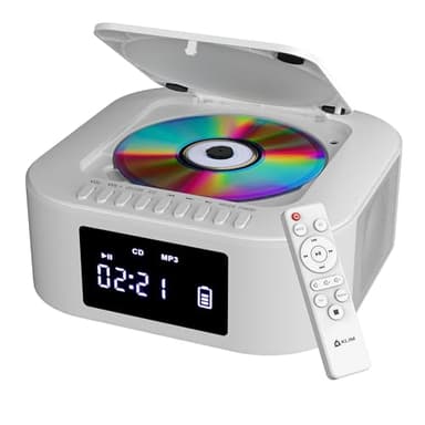 KLIM Boombox E1 - Poste Radio CD Portable - Extra Bass avec Subwoofer - Radio FM, CD, Bluetooth, USB, Bluetooth, MP3 - Mode Filaire et sans Fil avec Piles Rechargeables - Télécommande - Blanc
